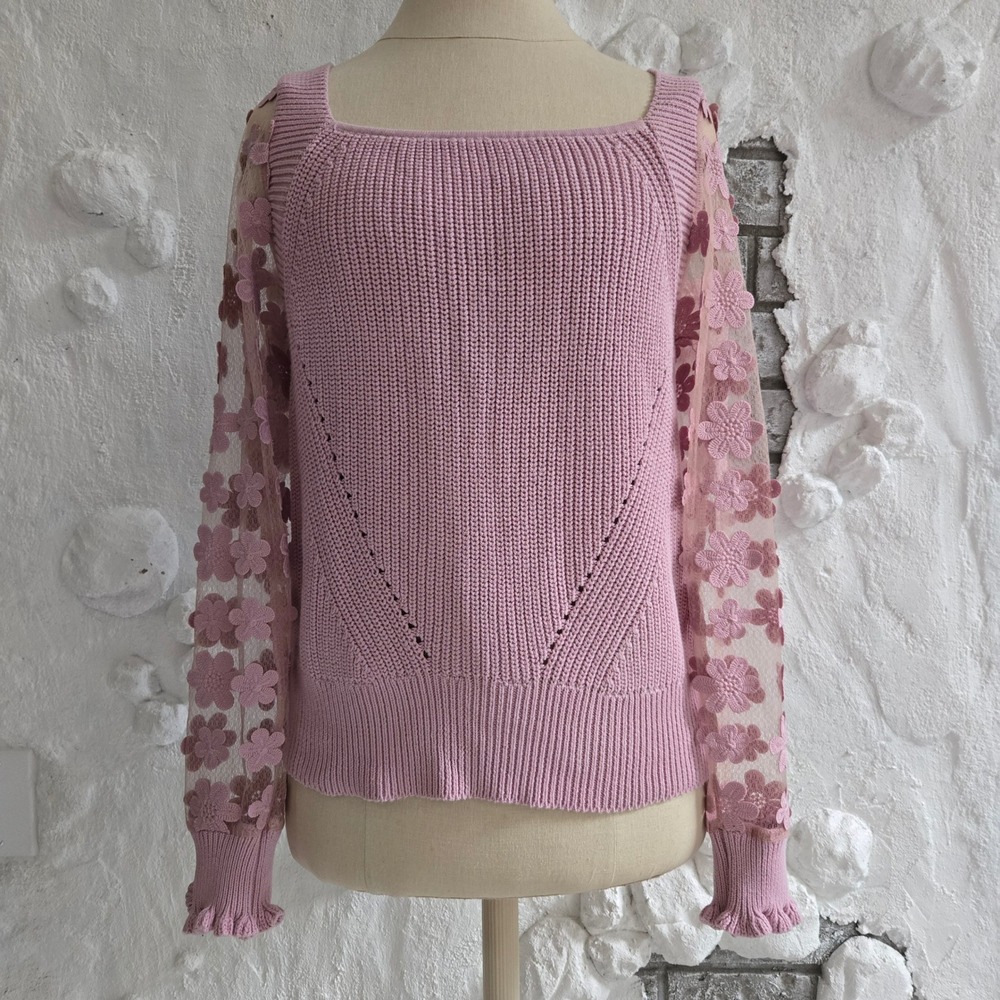 Industry Republic Pink Sweater 3D Floral Mesh Long Sleeve Ruffle Cuff Size M